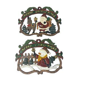 Vintage Cast Iron Christmas Trivets Santa Claus Reindeer Snowman